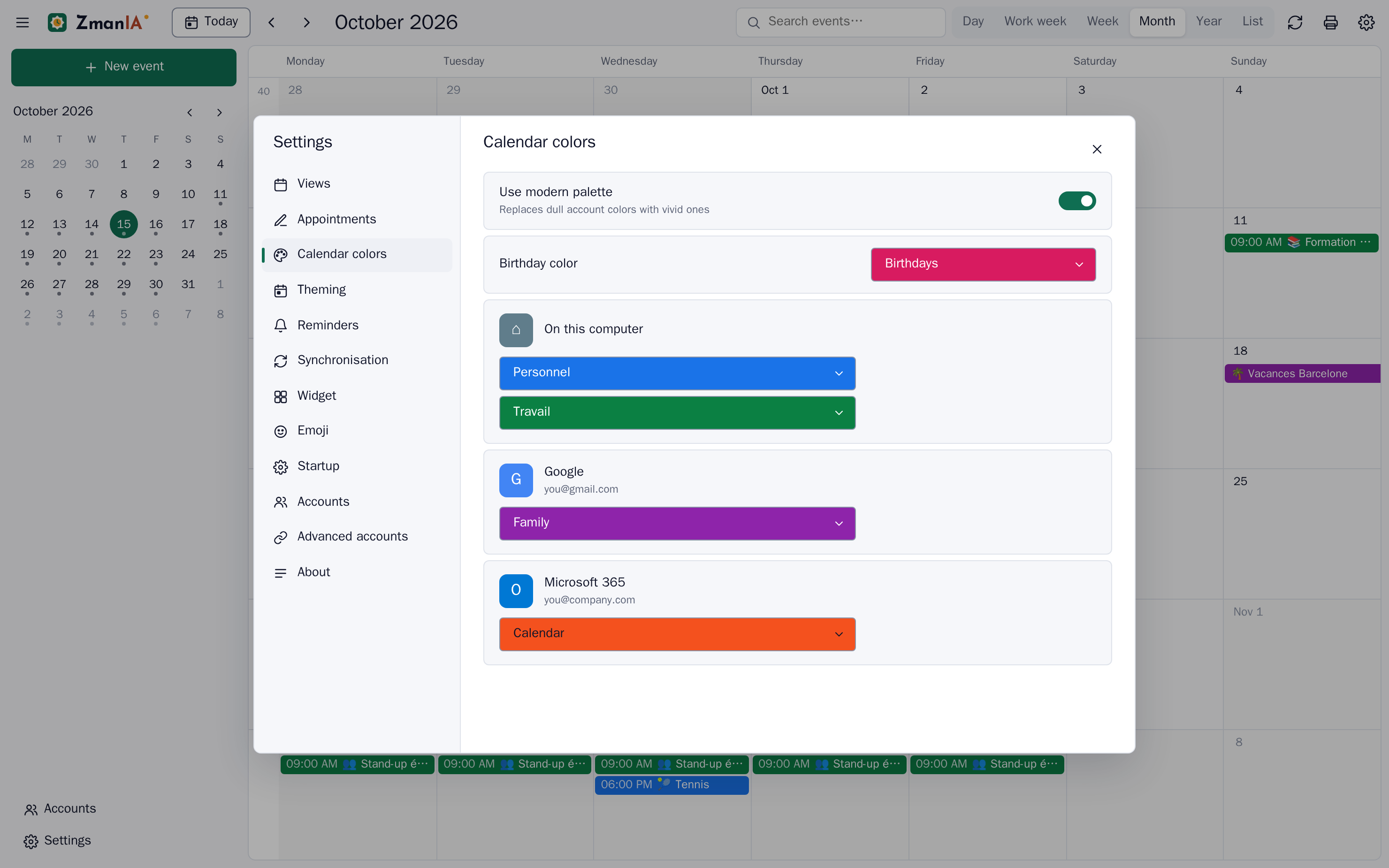 Calendar color settings