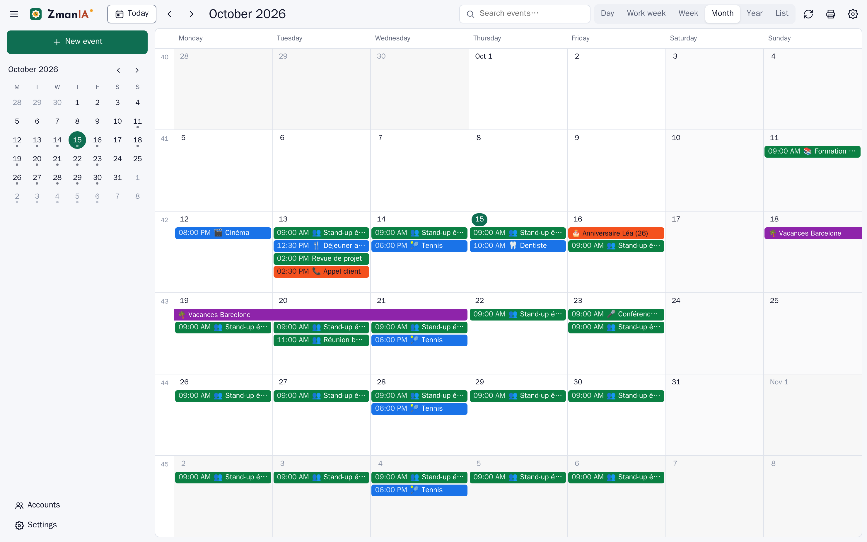 ZmanIA Calendar month view with colored events